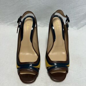 Cole Haan heels, open toe pumps, Ocre, teal, brown leather